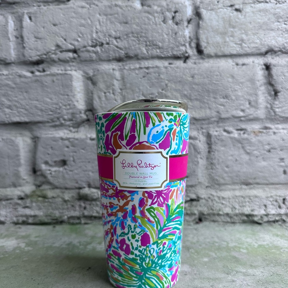 Lilly Pulitzer Pink Green Aqua Blue Floral Coffee Travel Mug & Gold Lid A14 NWT - Picture 4 of 10